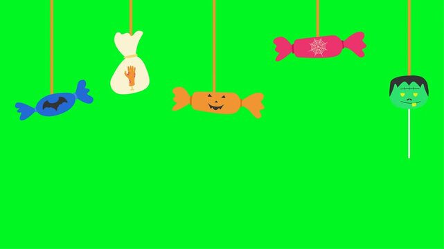 Halloween Candy Hanging Background With Green Screen. 4k Animation