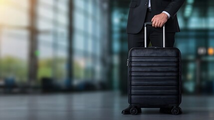 A business traveler stands in an airport holding a modern suitcase, ready for departure amidst sleek, contemporary architecture.