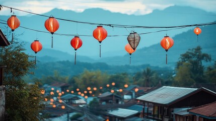 Lanterns swinging from cables in Pai, Thailand, against a picturesque background of mountains and rustic buildings.