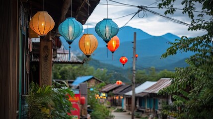 Lanterns swinging from cables in Pai, Thailand, against a picturesque background of mountains and rustic buildings.