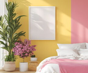 "Photo frame mockup in lovely bedroom" - Tone pink, yellow and white. 