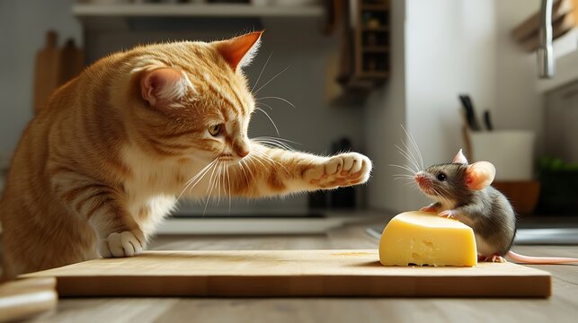 The cat pounced on the mouse stealing cheese in the kitchen.