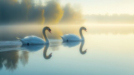 Two Swans on a Misty Lake
