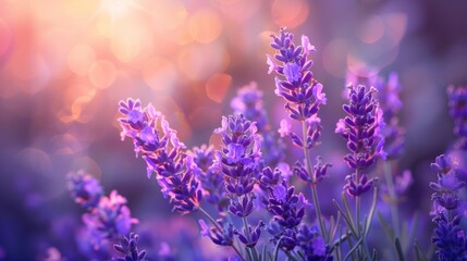 Purple lavender flowers field at summer with burred background