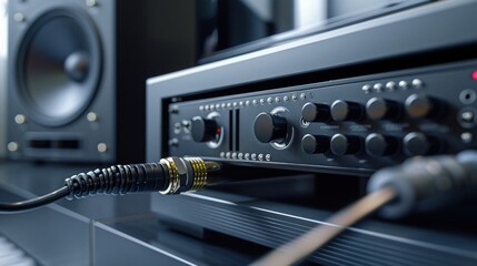 rear av Electronical amplifier Detai with jack cable, Audio-Visual Materials.