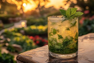 Cocktail Mojito placed on the right side of table. Blurred garden in the background.