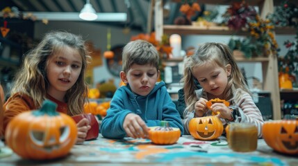 Fototapeta premium Children decorating and painting their own Halloween masks.