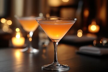 Cocktail Ambiance. Orange cocktail glass blurred candles cozy bar even