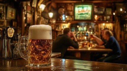 A traditional Bavarian pub scene with a bartender pouring a pint of lager, the foam head rising perfectly above the rim, surrounded by the rustic charm of wooden tables, beer mugs, and friends
