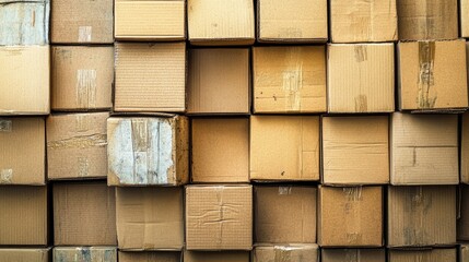 Stacked cardboard packing boxes creating a textured background, perfect for logistics and moving concepts.