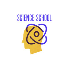 Science School Head Atom Sign. Vector Illustration of Emblem Education Object. Learn University Symbol Isolated over White Background.
