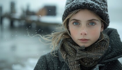 A young girl in a coat stands on a pier in snowy weather. 