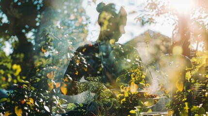 A serene gardener tending to lush greenery, beautifully illuminated by soft sunlight, creating a tranquil nature scene.