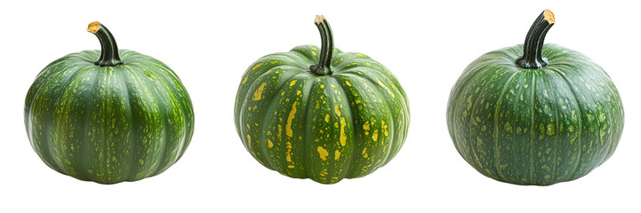 Set of single vibrant green pumpkin isolated on a transparent background