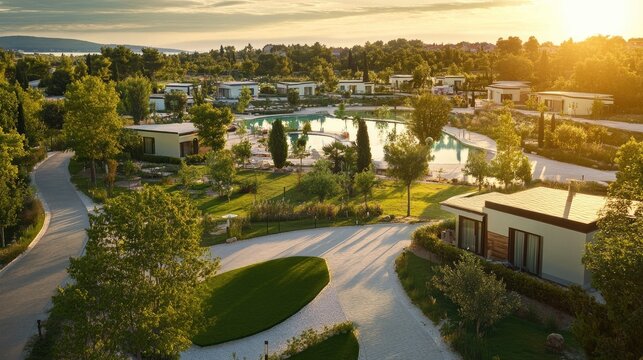 The aerial perspective of a luxury mobile home community in Rovinj, Istria, Croatia, showcasing the pool and green spaces.