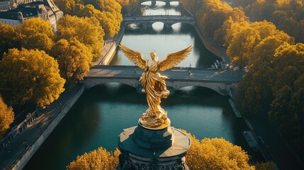 Fototapeta premium The Angel of Peace monument and Luitpold Bridge over the Isar River, seen from an aerial perspective in Munich.