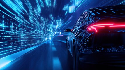 Fototapeta premium A car is driving down a highway with a blue sky in the background. The car is surrounded by a blue blur, giving the impression of a futuristic, high-tech vehicle