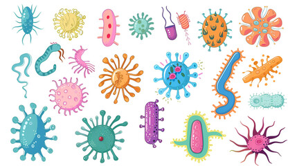 Set of different microorganisms isolated on white background