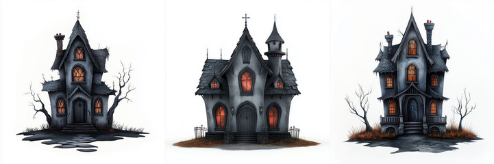 Fototapeta premium Halloween gothic haunted house cartoon style pack isolated on white background