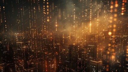 Fototapeta premium Binary code raining down on a city, symbolizing the omnipresence of cybersecurity needs, dark and immersive