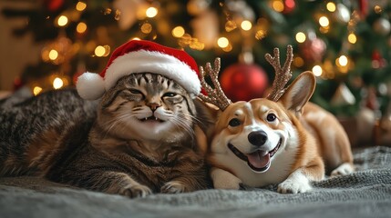 A cat wearing a Santa hat and a dog wearing reindeer antlers pose together in front of a Christmas tree.