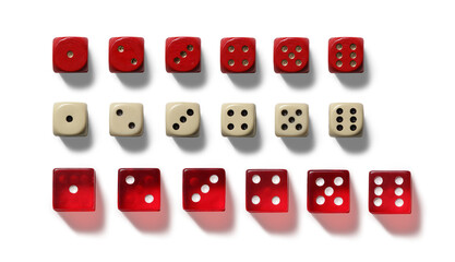 Classic six-sided dice in red and cream colors showcase various numbers, arranged neatly to...