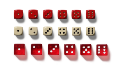 Classic six-sided dice in red and cream colors showcase various numbers, arranged neatly to highlight their unique faces and colors