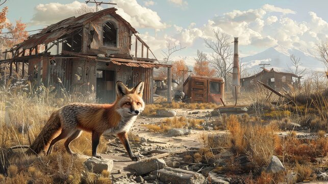 A fox exploring an abandoned human settlement, the spread of wildlife as human habitats become less hospitable