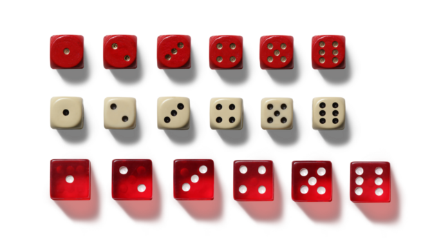 Classic six-sided dice in red and cream colors showcase various numbers, arranged neatly to highlight their unique faces and colors
