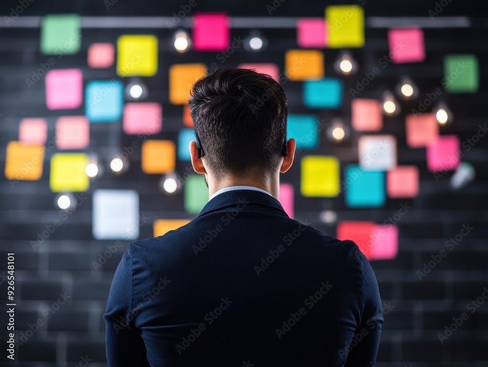 Poster a man in a suit is looking at a wall covered in colorful sticky notes. the notes are arranged in a w