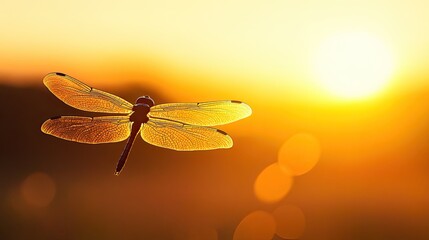 Naklejka premium The delicate silhouette of a dragonfly hovering against the warm hues of a sunset, with its wings outlined against the golden light of the fading day.
