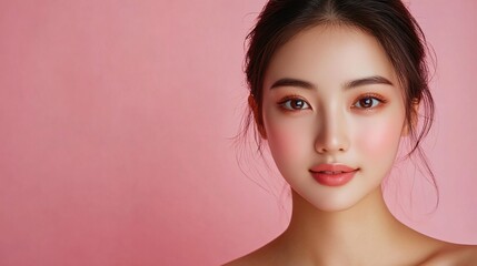 A stunning woman with soft pink makeup, gazing confidently at the camera, against a matching pink background, highlighting her natural beauty and elegance.