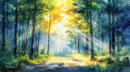 Obraz premium Sunlit watercolor scene of a forest for presentations on nature conservation.