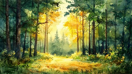 Obraz premium Sunlit watercolor scene of a forest for presentations on nature conservation.
