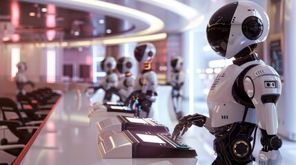 Obraz premium A futuristic bank fully operated by robots, from tellers to advisors, a fully automated finance hub