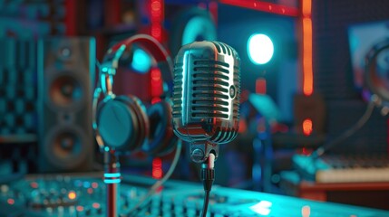 Professional microphone and headphones at the radio station,