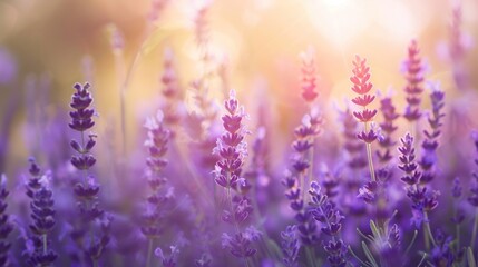 Purple lavender flowers field at summer with burred background