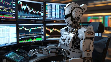 Fototapeta premium A robot broker executing trades on multiple screens, the epitome of multitasking and efficiency