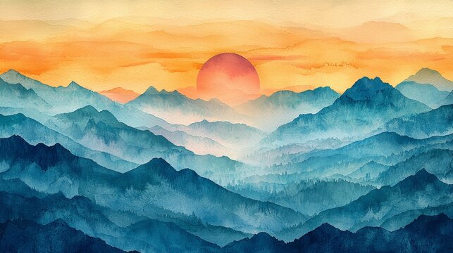 Watercolor depiction of a sunrise over mountains for fresh start themes.