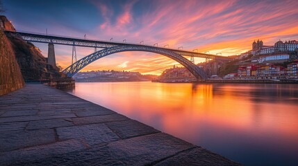 Naklejka premium The iconic Ponte Dom Luis I Bridge spanning the Douro River in Porto, Portugal, captured from a scenic angle.