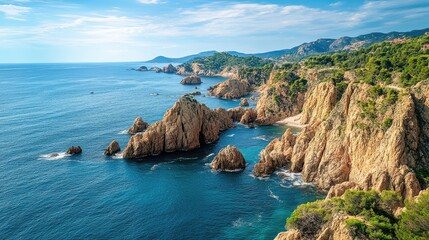 Obraz premium The iconic cliffs of Costa Brava in Girona, framed by the deep blue of the Mediterranean Sea, showcasing the natural beauty of this Catalonian coast.