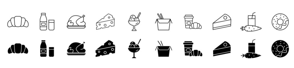 Food and drink icons . Meat, fast food, desserts, and drinks.  Vector illustration.