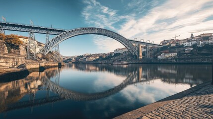 Obraz premium The iconic Ponte Dom Luis I Bridge spanning the Douro River in Porto, Portugal, captured from a scenic angle.