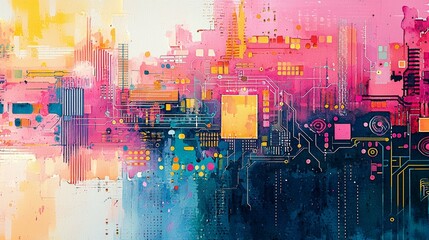 Watercolor interpretation of a digital circuit board for tech industry slides.