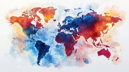Naklejka premium Watercolor interpretation of a digital world map for global connection themes.
