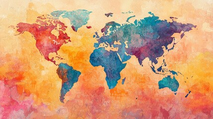Watercolor interpretation of a digital world map for global connection themes.