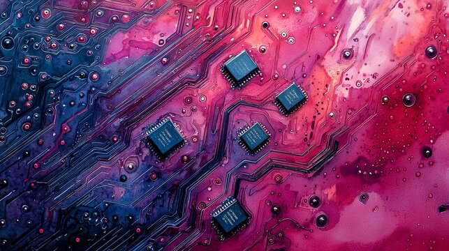 Watercolor interpretation of a digital circuit board for tech industry slides.