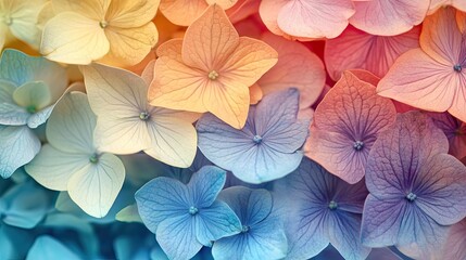 Obraz premium The intricate petals of hydrangea flowers in full bloom, captured as a colorful background that bursts with natural beauty and elegance.
