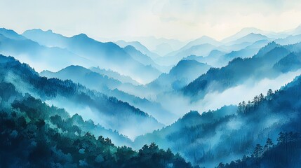 Watercolor mountains with fog rolling through the valleys for serene presentations.