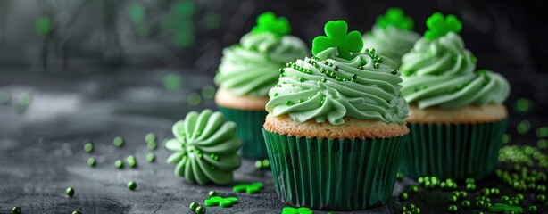 Cupcakes with green frosting and shamrock-shaped decorations, celebrating St. Patrick's Day.
